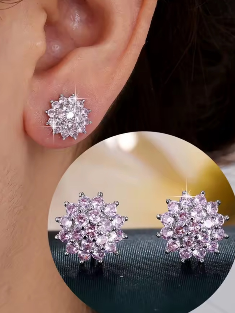 Sparkling Pink Cluster Stud Earrings - Elegant Floral Design